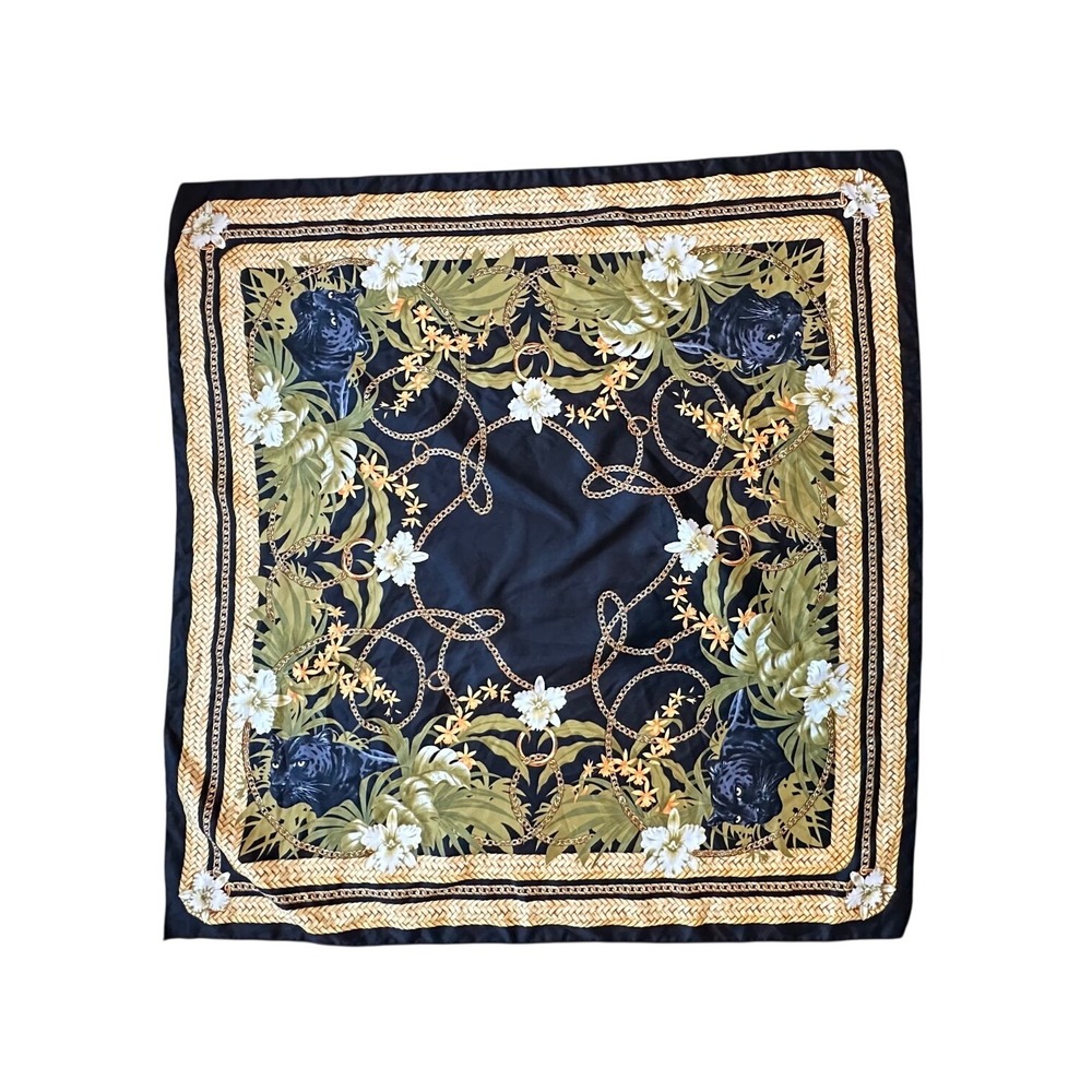 Black Gold Tiger Floral Chain Print Large Square Scarf Top Maximalist